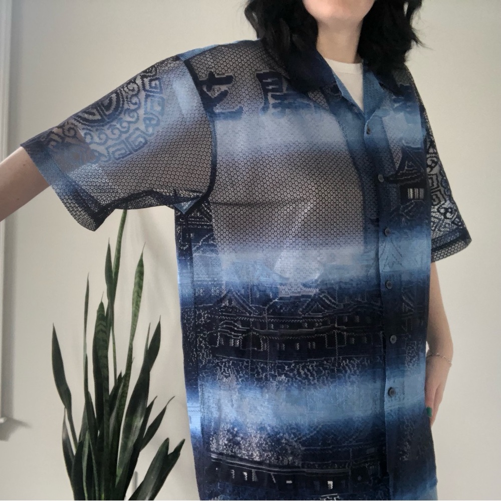 ❤️ LAST DAY Vintage Y2K B212 NYC Japanese Pagoda Mesh S/S Button Down Shirt - Picture 6 of 13